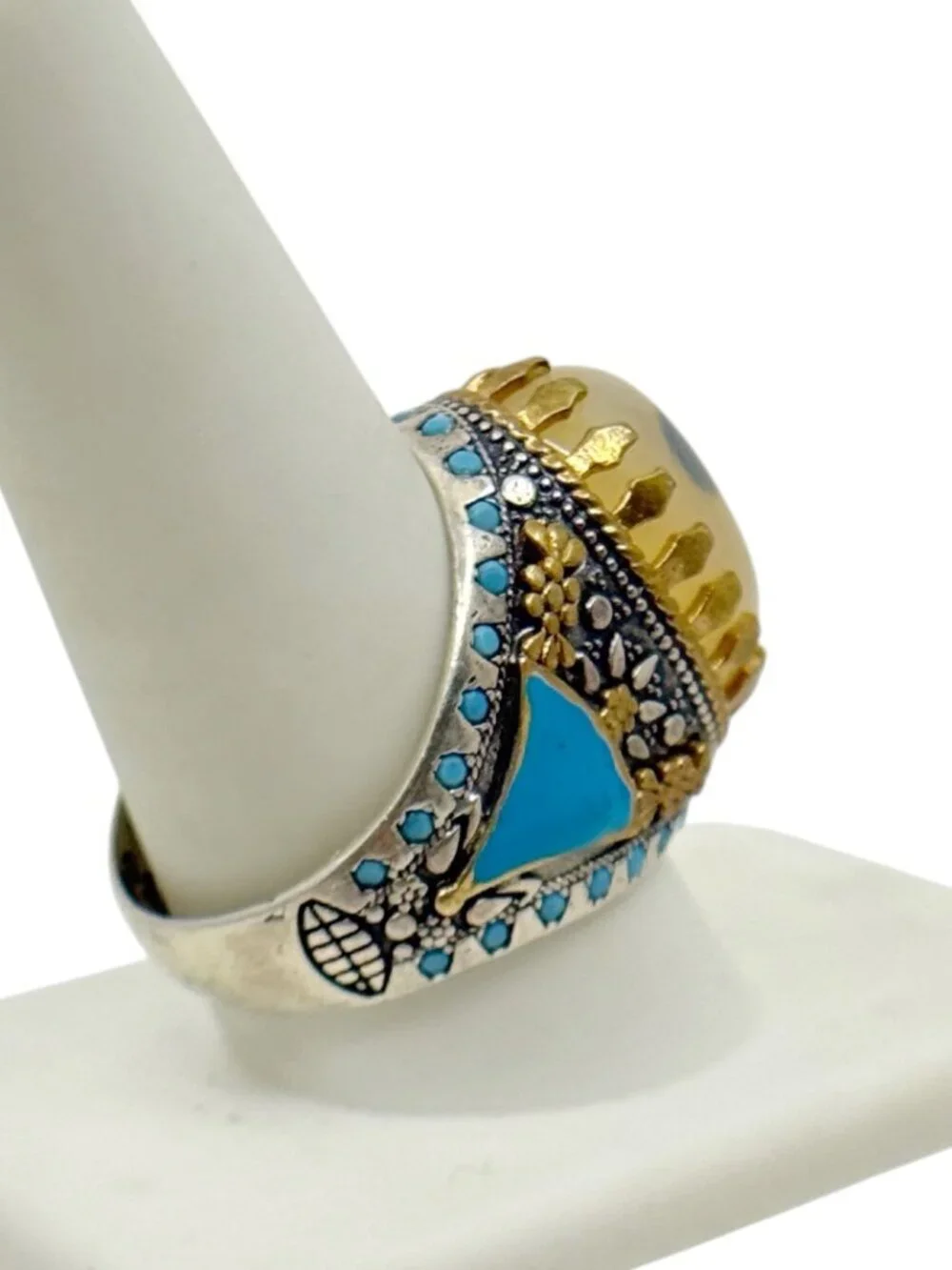 CG Turkish 925 sterling silver & brass Agate enamel Ottoman style ring - GM1244